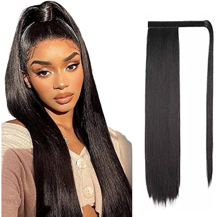 Goodern Straight Ponytail Extensions Natural Long Ponytails Highlights Ponytail Hair Extensions Hair Piece Wrap Synthetic Hairpiece Ponytails Hairpieces Wrap Around for Women Girls 60CM 120G-Black - Image 1